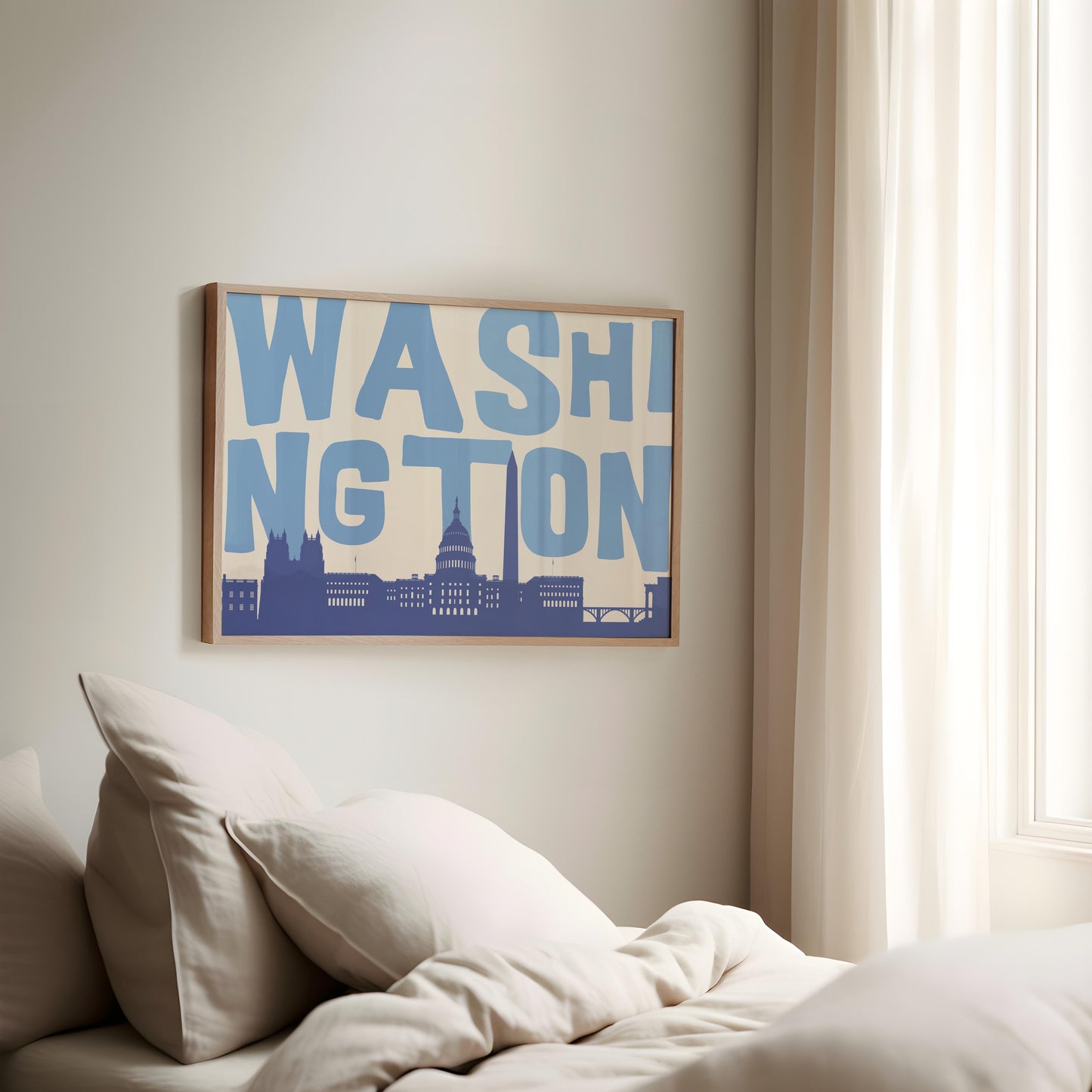 A modern graphic print of the Washington DC skyline, including the Capitol Building. The word 'WASHINGTON' is in large blue letters above the cityscape.