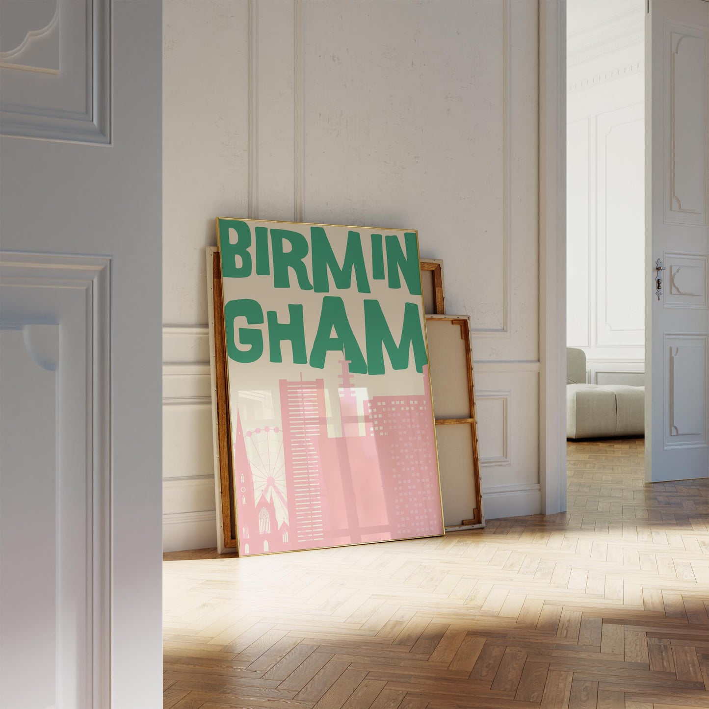 Printable Birmingham poster featuring a retro pink and green city skyline. Funky travel wall art for a dorm room or apartment.