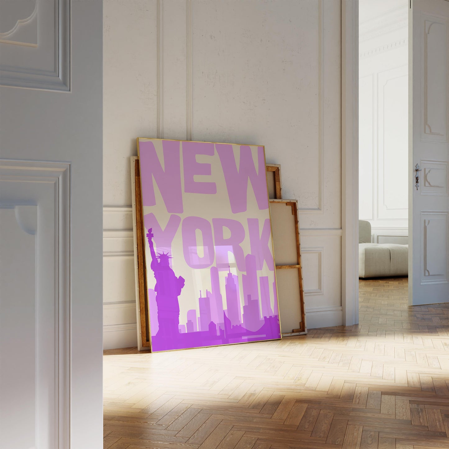 Printable NYC poster in shades of purple. The funky pop art print features the skyline and Statue of Liberty.