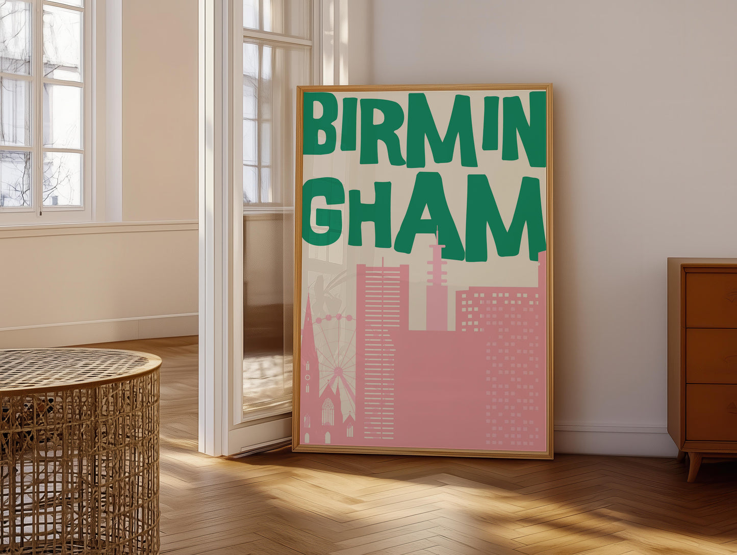 Printable Birmingham poster featuring a retro pink and green city skyline. Funky travel wall art for a dorm room or apartment.