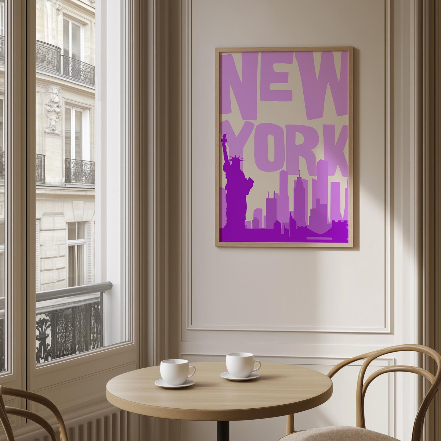 Printable NYC poster in shades of purple. The funky pop art print features the skyline and Statue of Liberty.