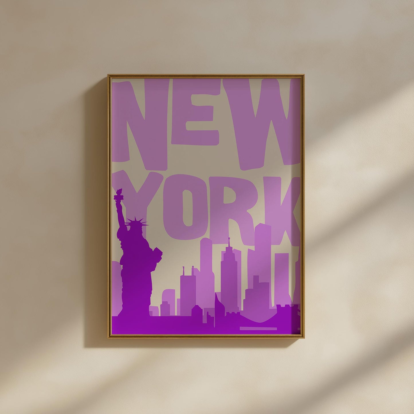 Printable NYC poster in shades of purple. The funky pop art print features the skyline and Statue of Liberty.