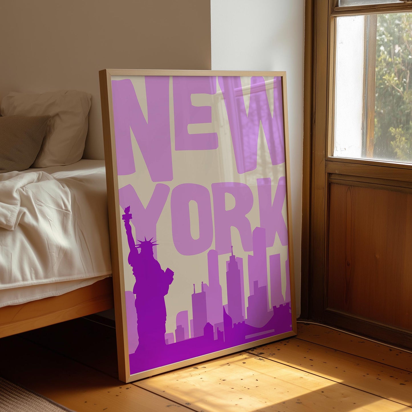Printable NYC poster in shades of purple. The funky pop art print features the skyline and Statue of Liberty.