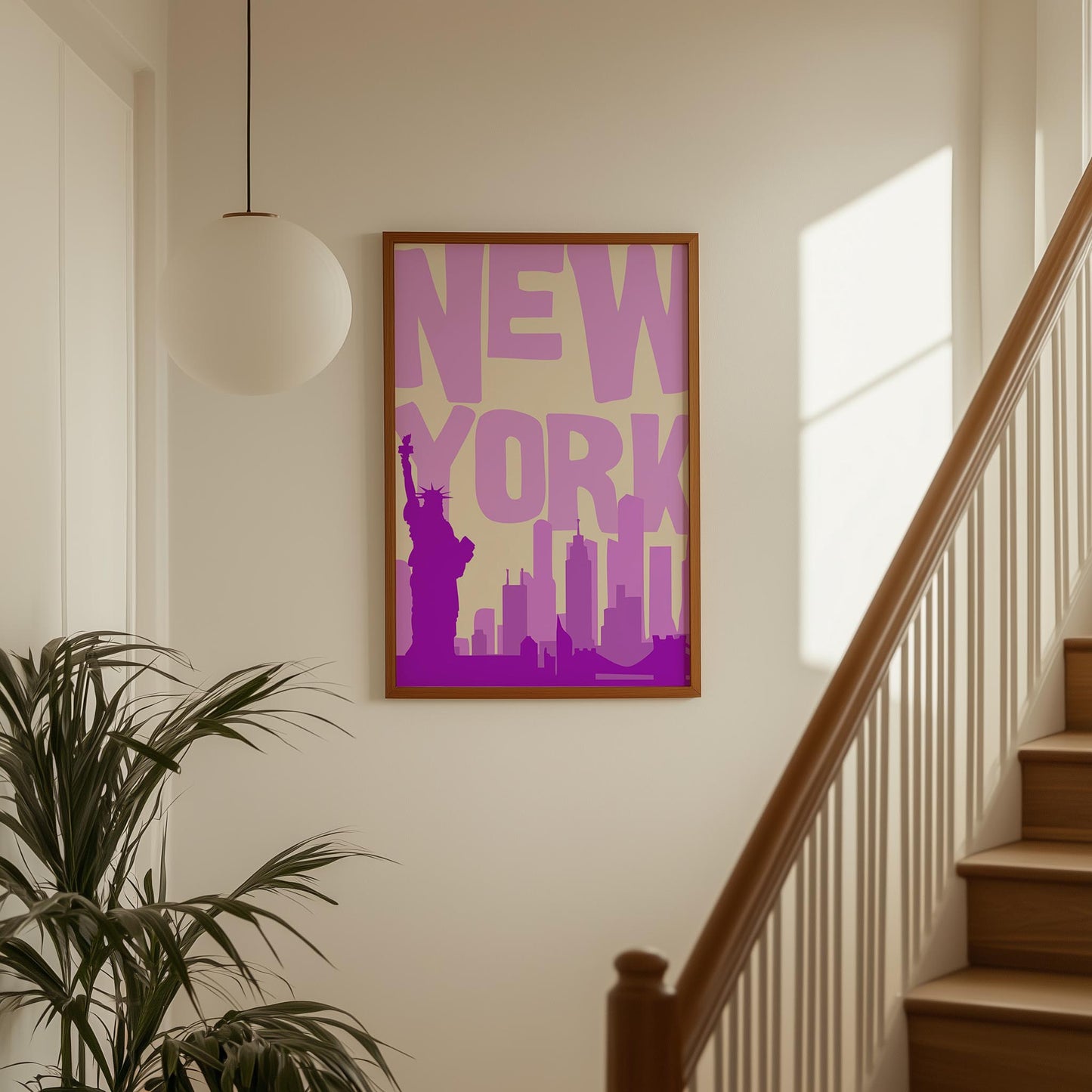 Printable NYC poster in shades of purple. The funky pop art print features the skyline and Statue of Liberty.