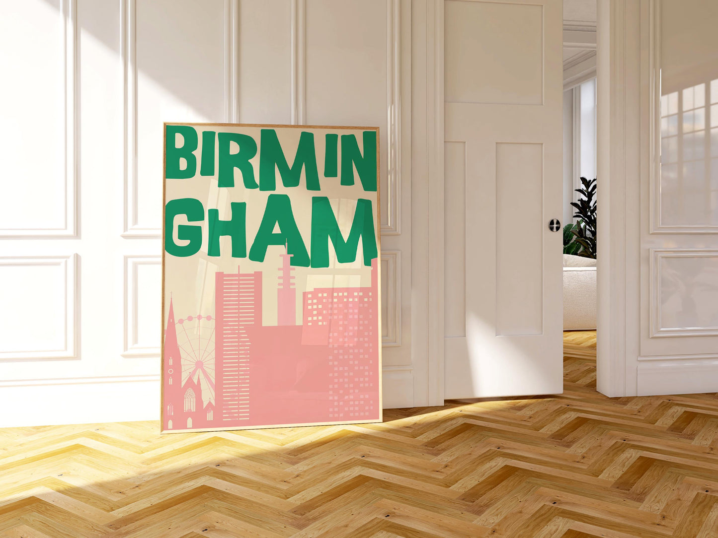 Printable Birmingham poster featuring a retro pink and green city skyline. Funky travel wall art for a dorm room or apartment.