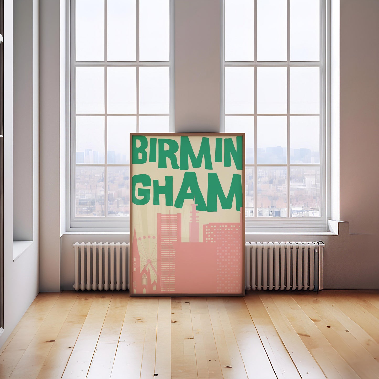 Printable Birmingham poster featuring a retro pink and green city skyline. Funky travel wall art for a dorm room or apartment.