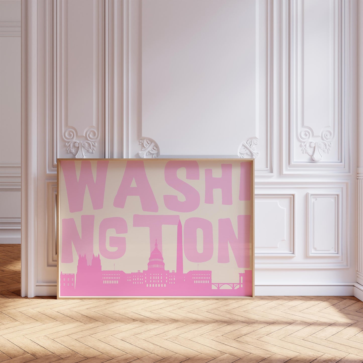 A modern graphic print of the Washington DC skyline in shades of pink. The word 'WASHINGTON' is in large light pink letters above the cityscape.