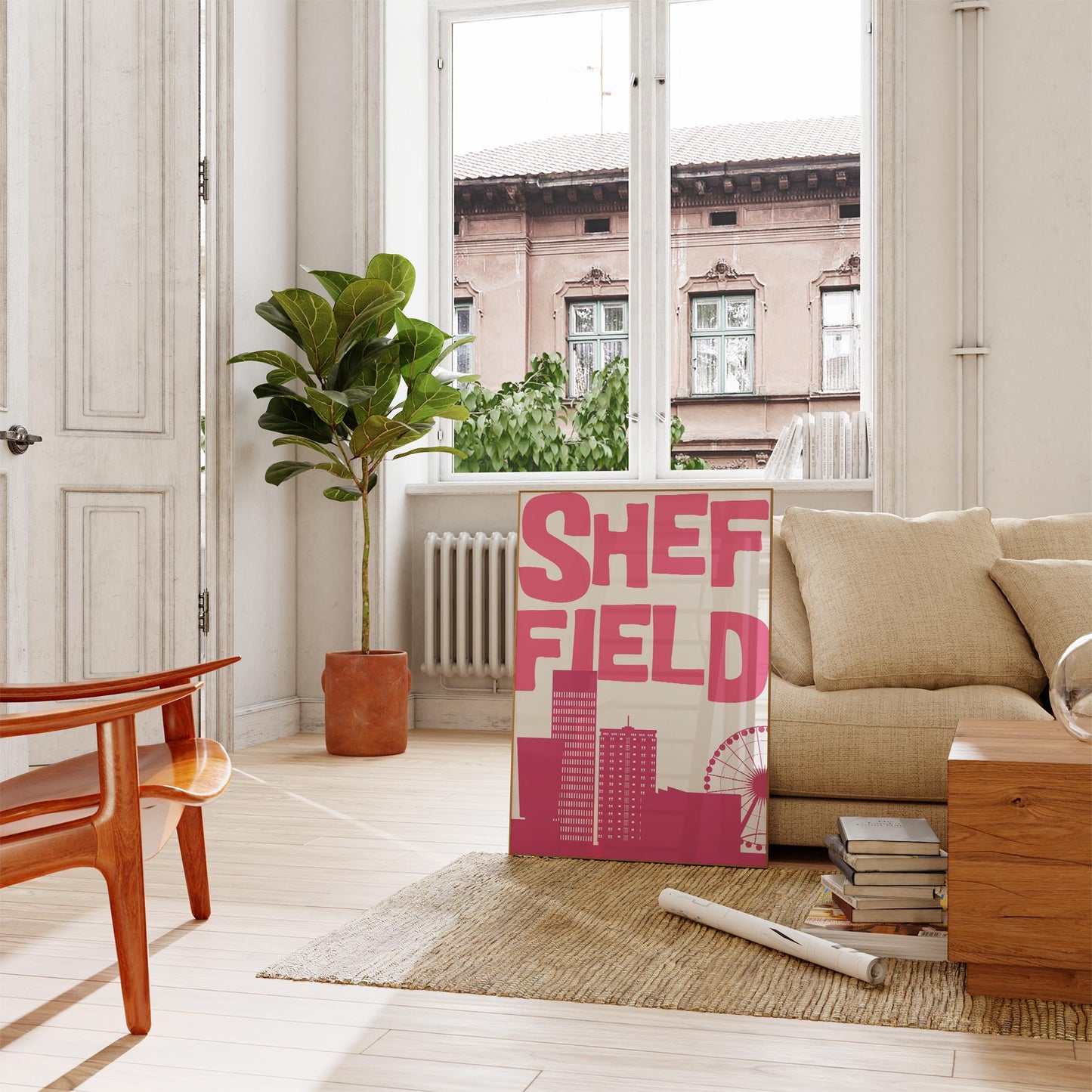 Printable Sheffield travel poster featuring a minimalist city skyline in hot pink. Funky pop art wall decor for a dorm or living room.