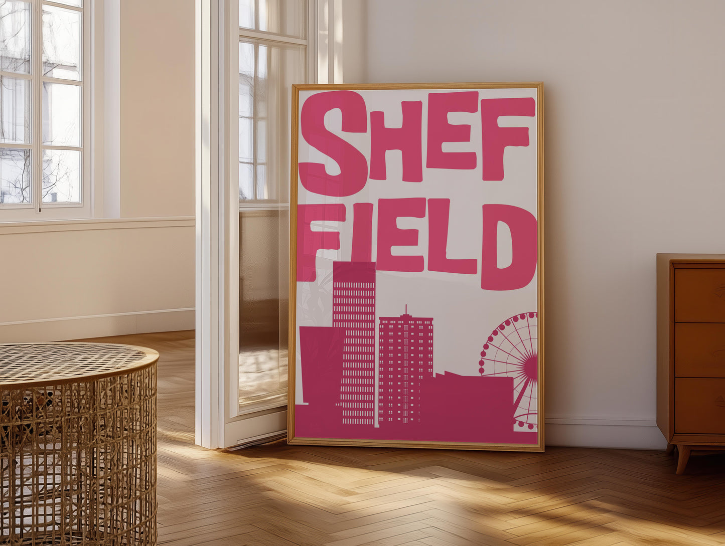 Printable Sheffield travel poster featuring a minimalist city skyline in hot pink. Funky pop art wall decor for a dorm or living room.