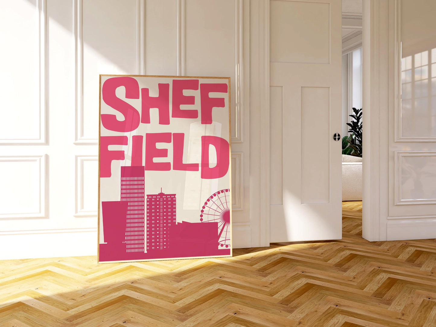 Printable Sheffield travel poster featuring a minimalist city skyline in hot pink. Funky pop art wall decor for a dorm or living room.