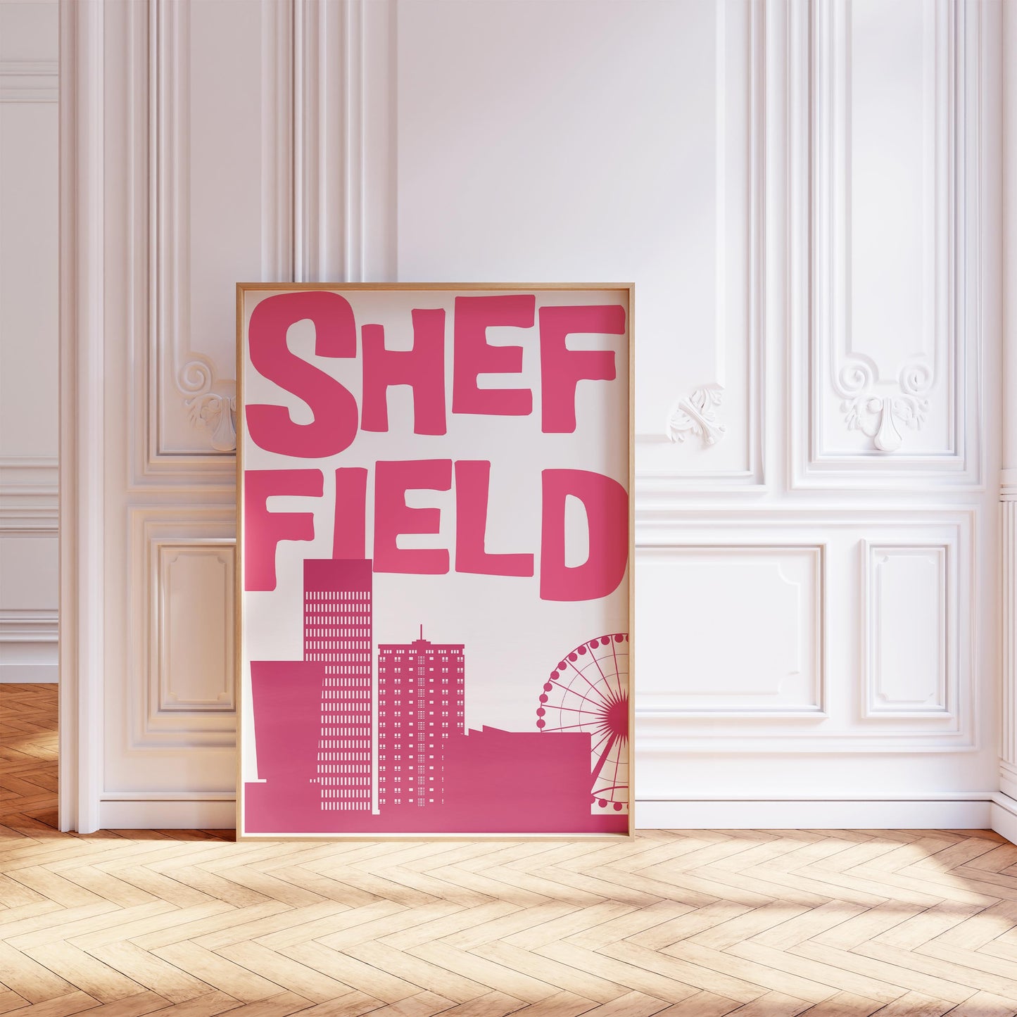 Printable Sheffield travel poster featuring a minimalist city skyline in hot pink. Funky pop art wall decor for a dorm or living room.