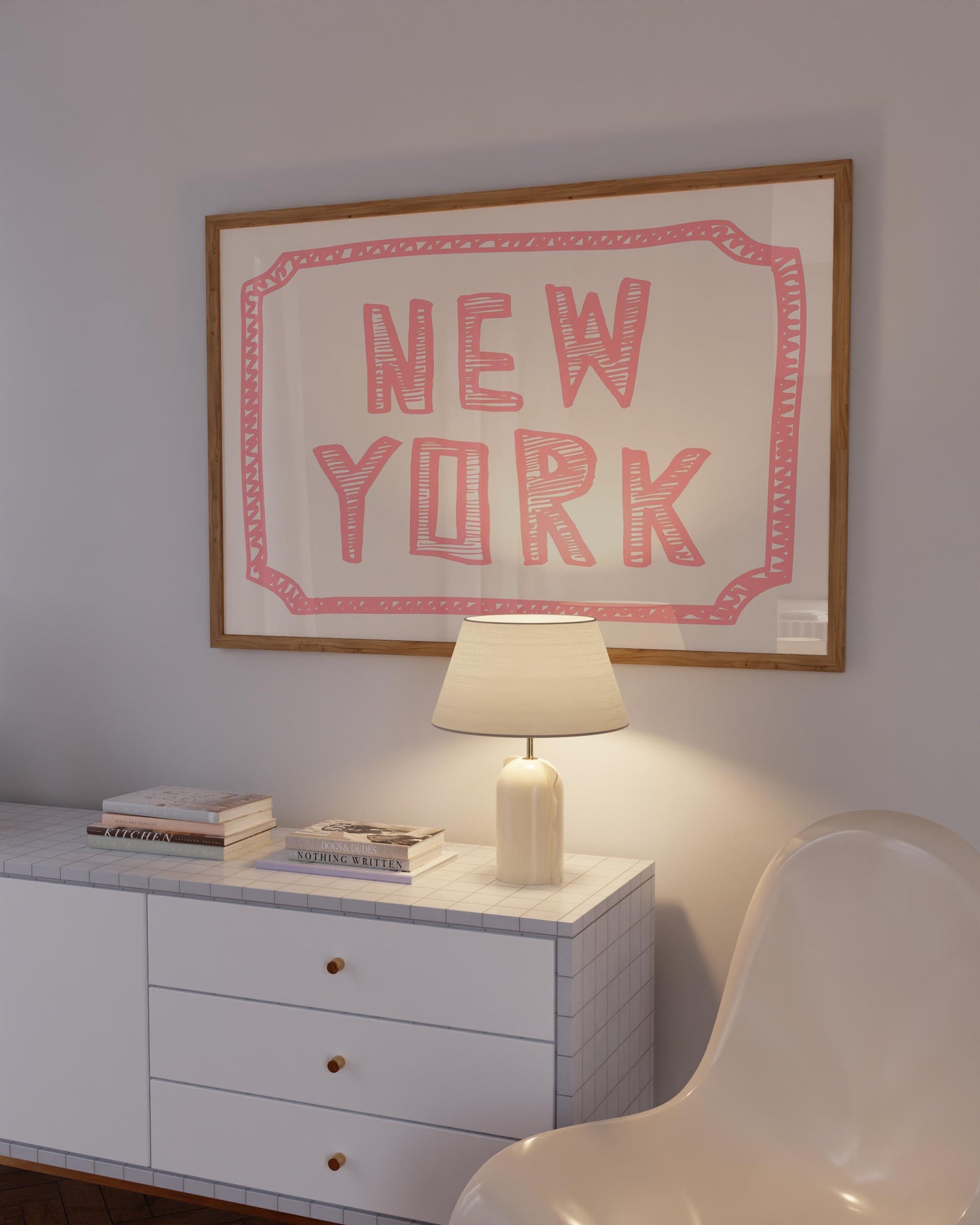 The words 'New York' in a funky, hand-drawn block font. Retro coral-pink printable wall art on a cream background with a sketchy border.
