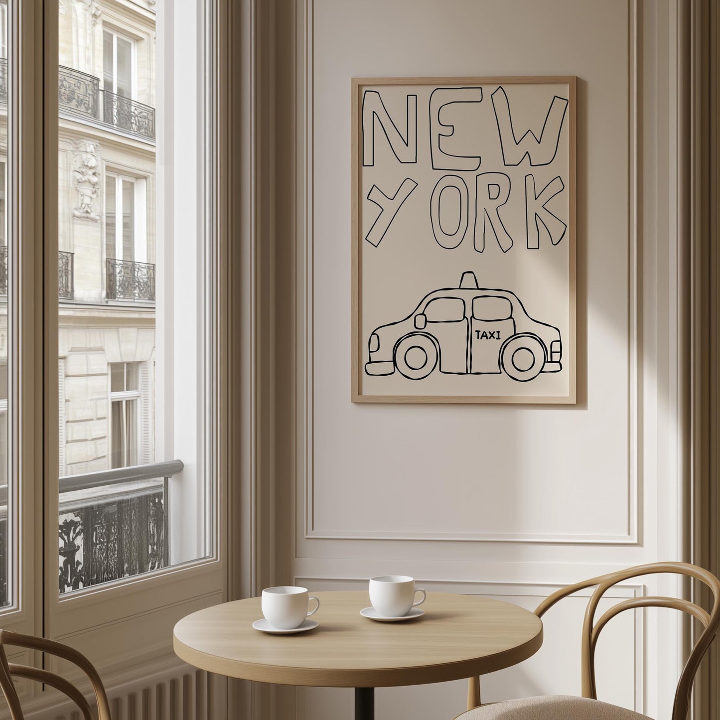 Minimalist line art of a New York taxi. Printable wall art for a kids room or nursery, featuring hand-drawn text on a cream background.