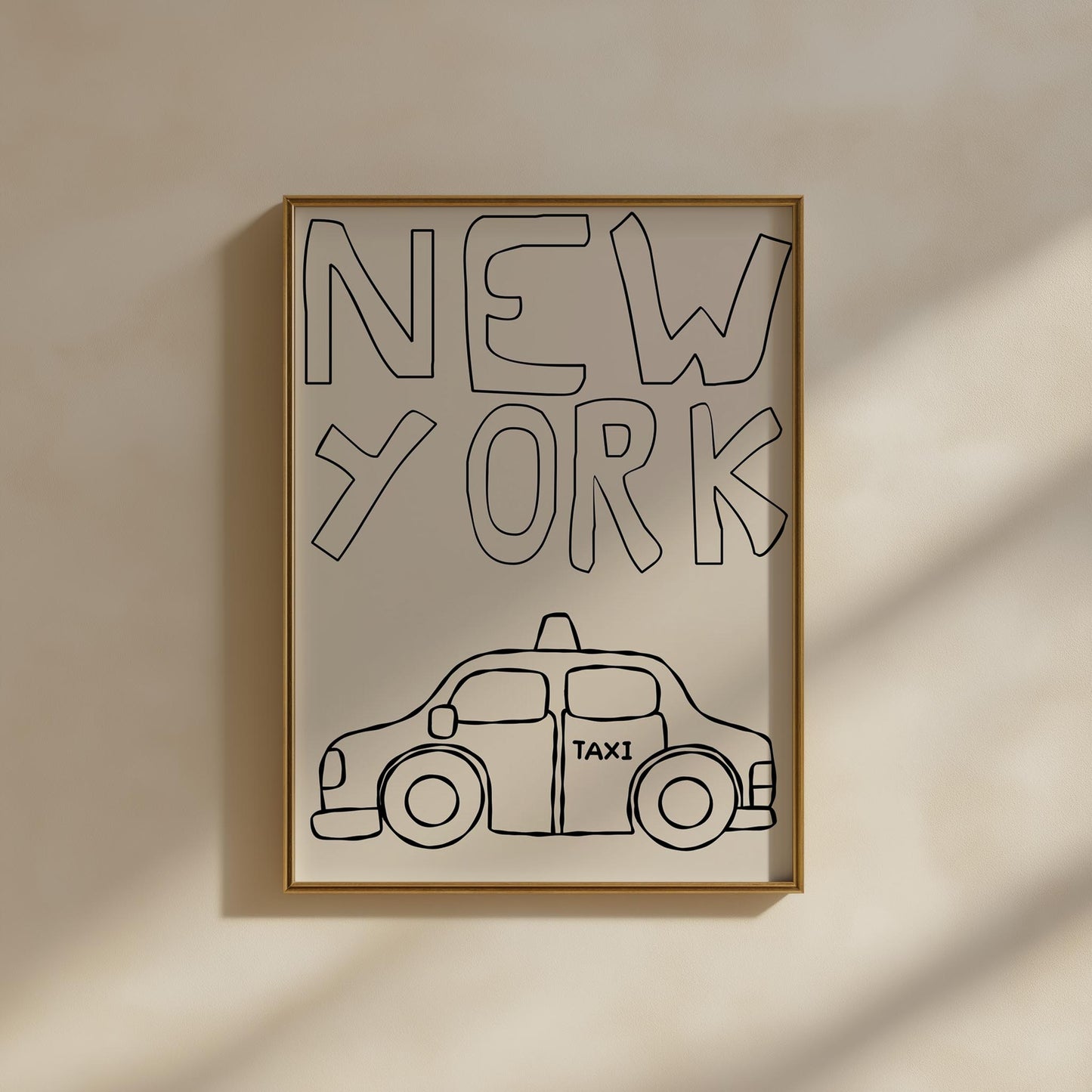 Minimalist line art of a New York taxi. Printable wall art for a kids room or nursery, featuring hand-drawn text on a cream background.
