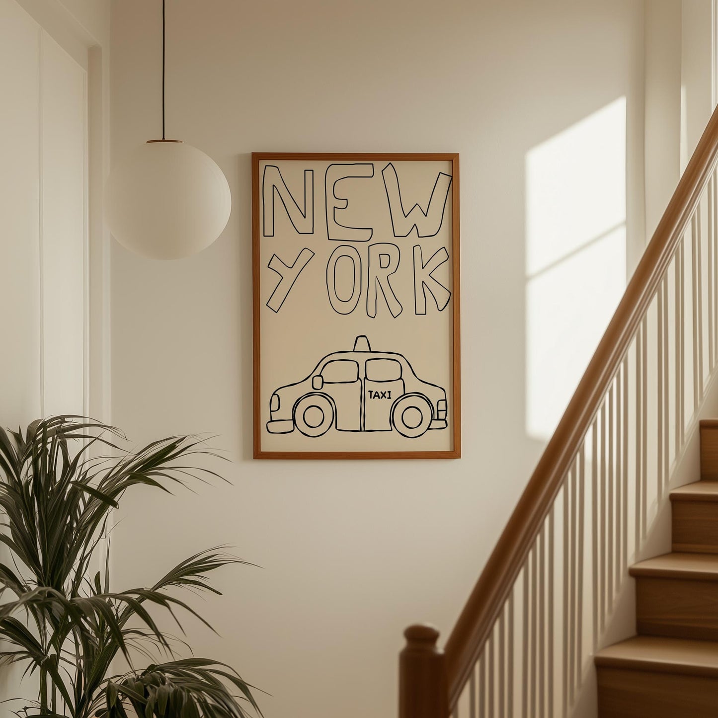 Minimalist line art of a New York taxi. Printable wall art for a kids room or nursery, featuring hand-drawn text on a cream background.