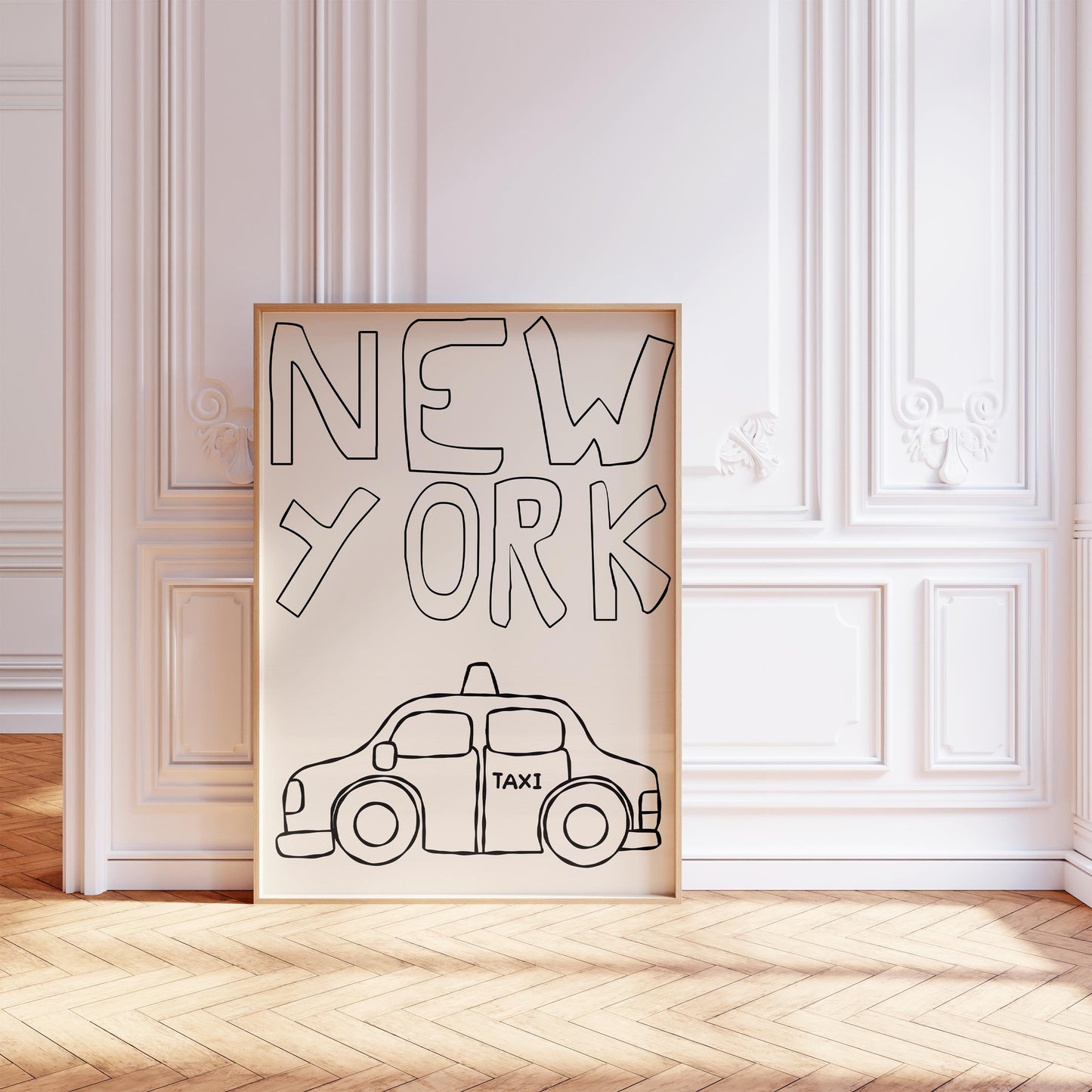 Minimalist line art of a New York taxi. Printable wall art for a kids room or nursery, featuring hand-drawn text on a cream background.
