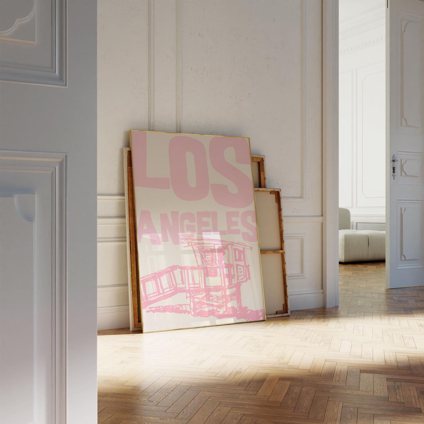 Printable Los Angeles travel poster in pastel pink. The wall art features a sketchy illustration of a beach lifeguard tower and bold text.