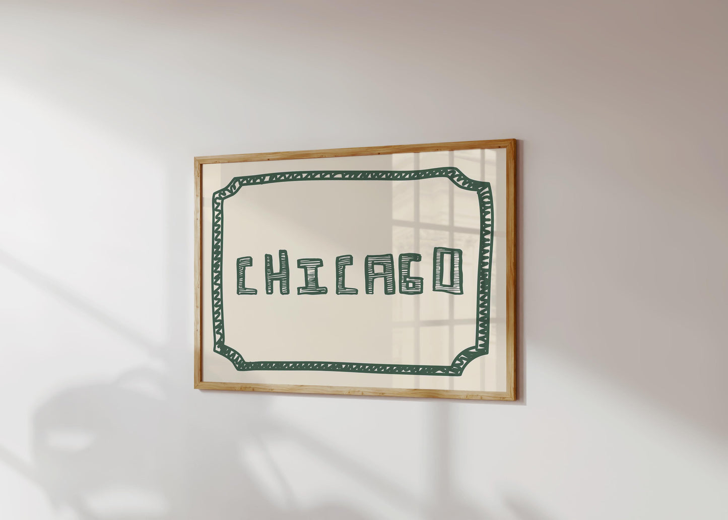 The word 'CHICAGO' in a funky, hand-drawn block font. Retro green printable wall art on a cream background, framed by a sketchy border.