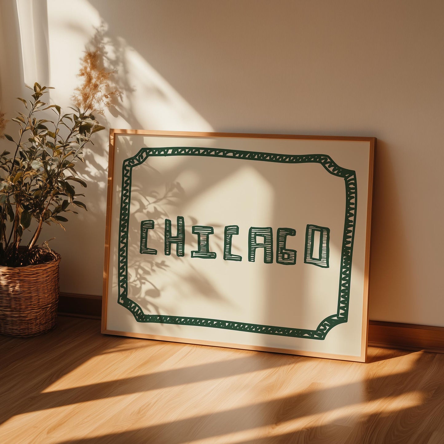 The word 'CHICAGO' in a funky, hand-drawn block font. Retro green printable wall art on a cream background, framed by a sketchy border.