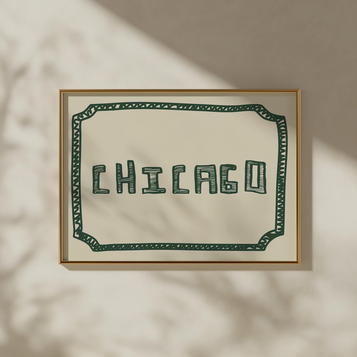 The word 'CHICAGO' in a funky, hand-drawn block font. Retro green printable wall art on a cream background, framed by a sketchy border.