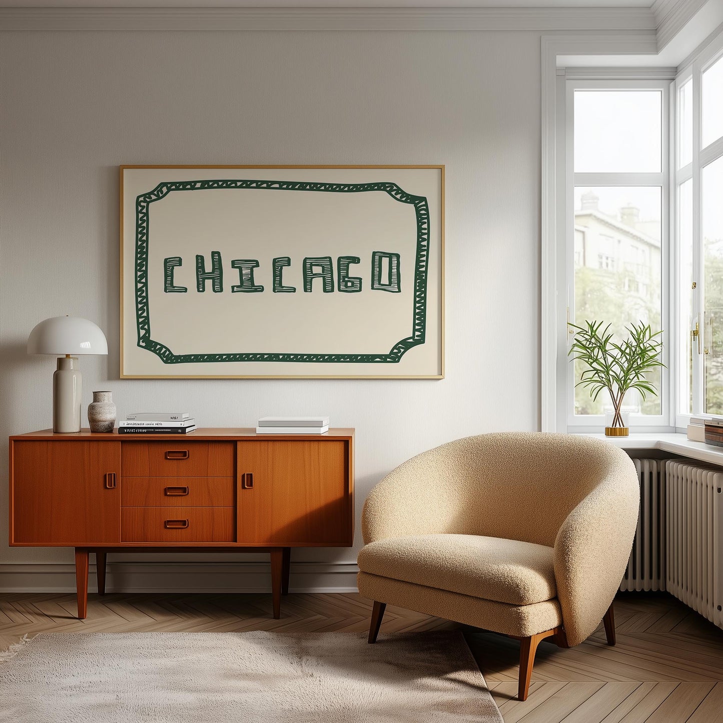 The word 'CHICAGO' in a funky, hand-drawn block font. Retro green printable wall art on a cream background, framed by a sketchy border.