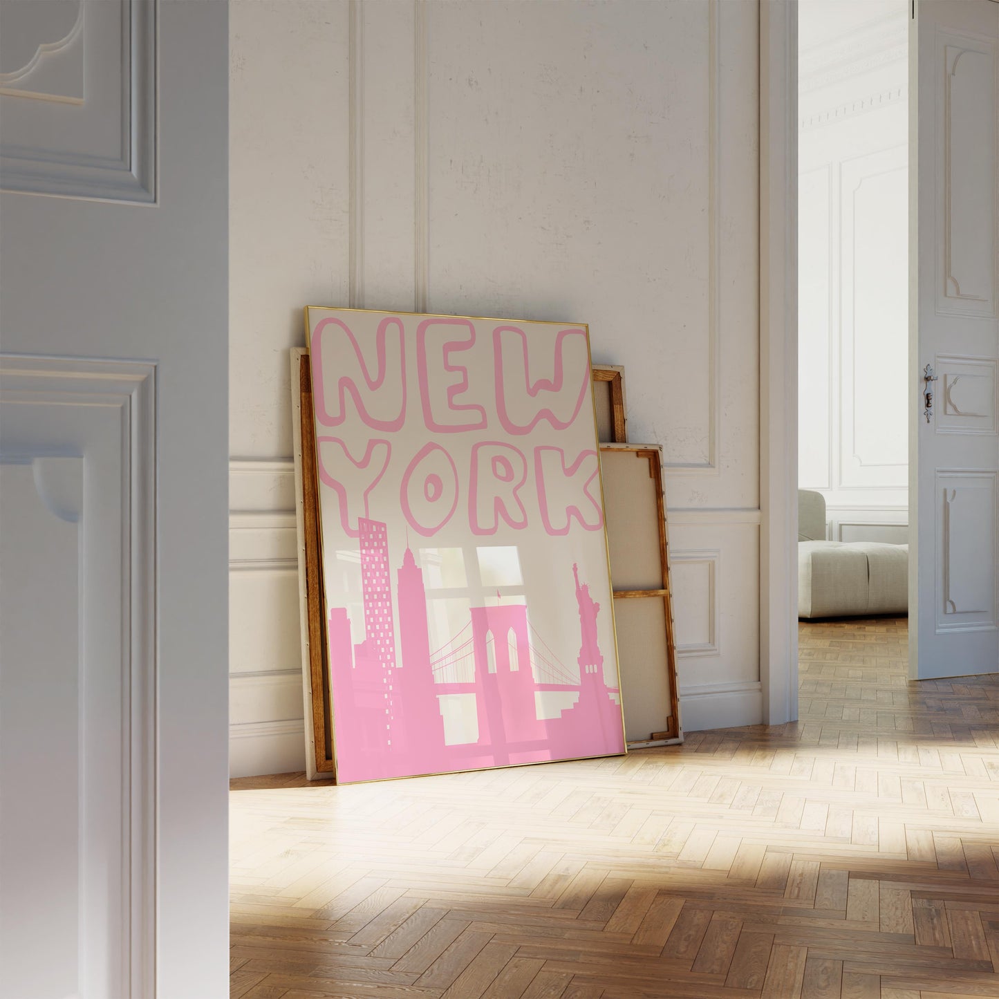 Printable New York City travel poster. The wall art features a minimalist skyline silhouette and groovy typography in a bold, bubblegum pink.