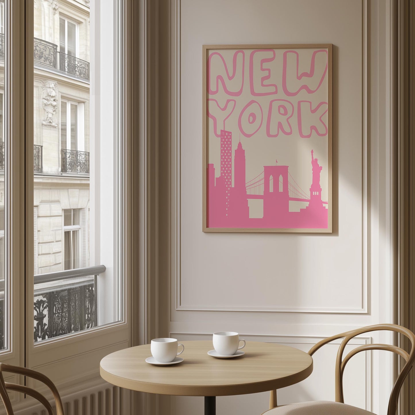 Printable New York City travel poster. The wall art features a minimalist skyline silhouette and groovy typography in a bold, bubblegum pink.