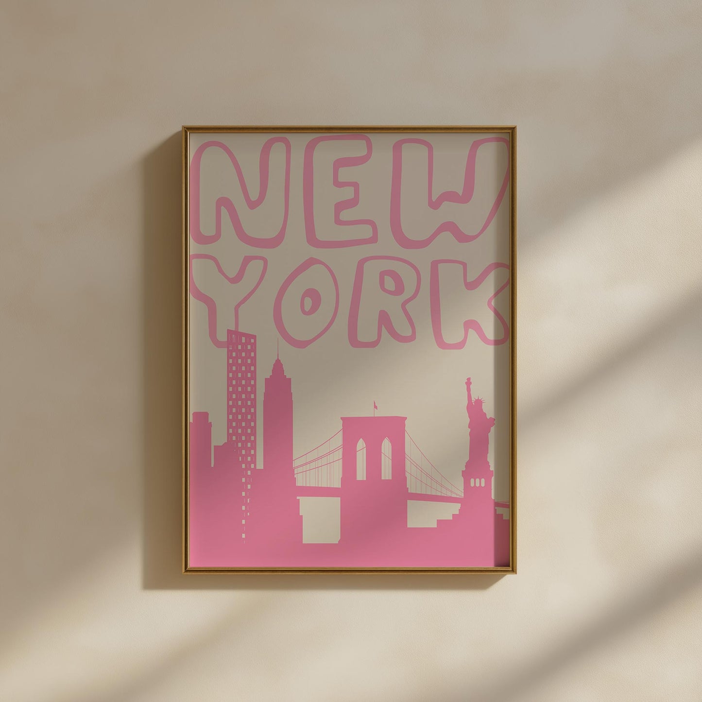Printable New York City travel poster. The wall art features a minimalist skyline silhouette and groovy typography in a bold, bubblegum pink.