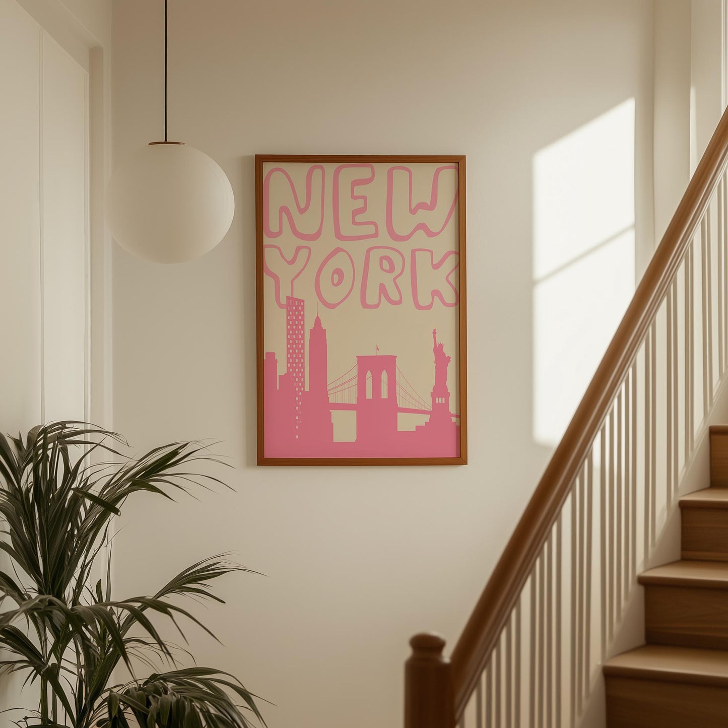 Printable New York City travel poster. The wall art features a minimalist skyline silhouette and groovy typography in a bold, bubblegum pink.