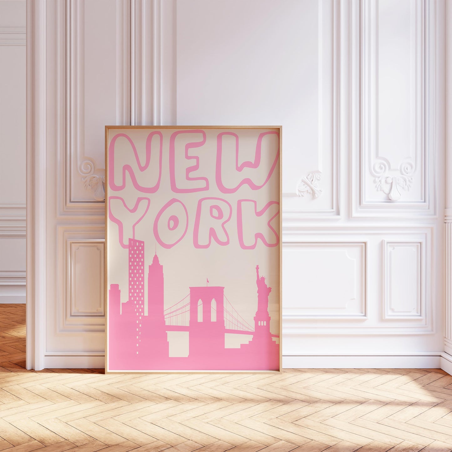 Printable New York City travel poster. The wall art features a minimalist skyline silhouette and groovy typography in a bold, bubblegum pink.