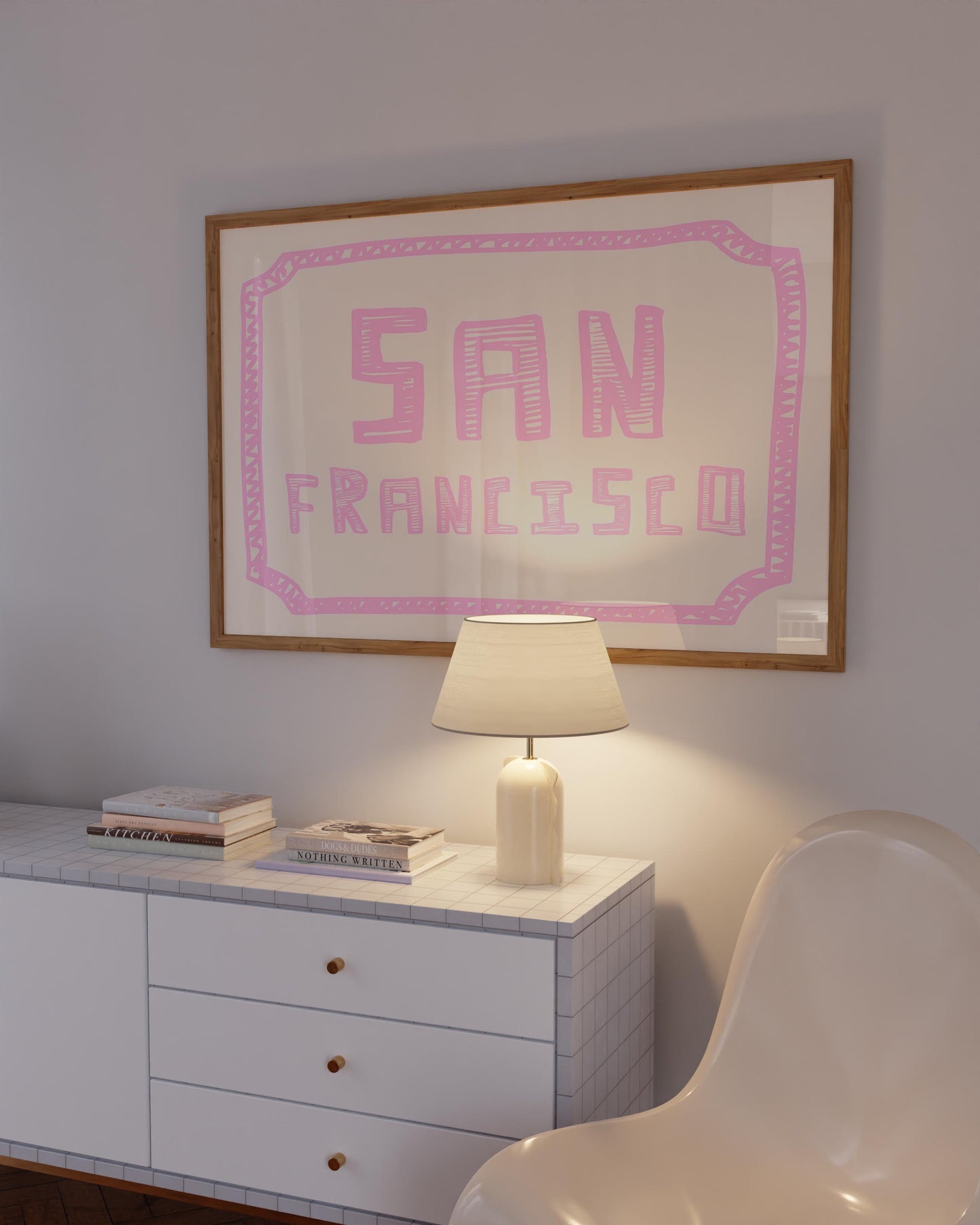 The words 'San Francisco' in a funky, hand-drawn block font. Retro pink printable wall art on a cream background with a doodle border.