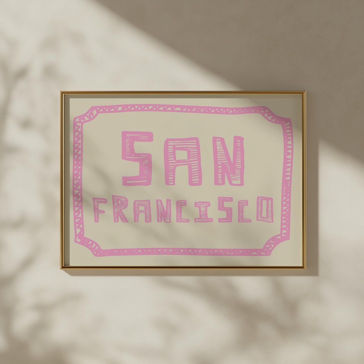 The words 'San Francisco' in a funky, hand-drawn block font. Retro pink printable wall art on a cream background with a doodle border.