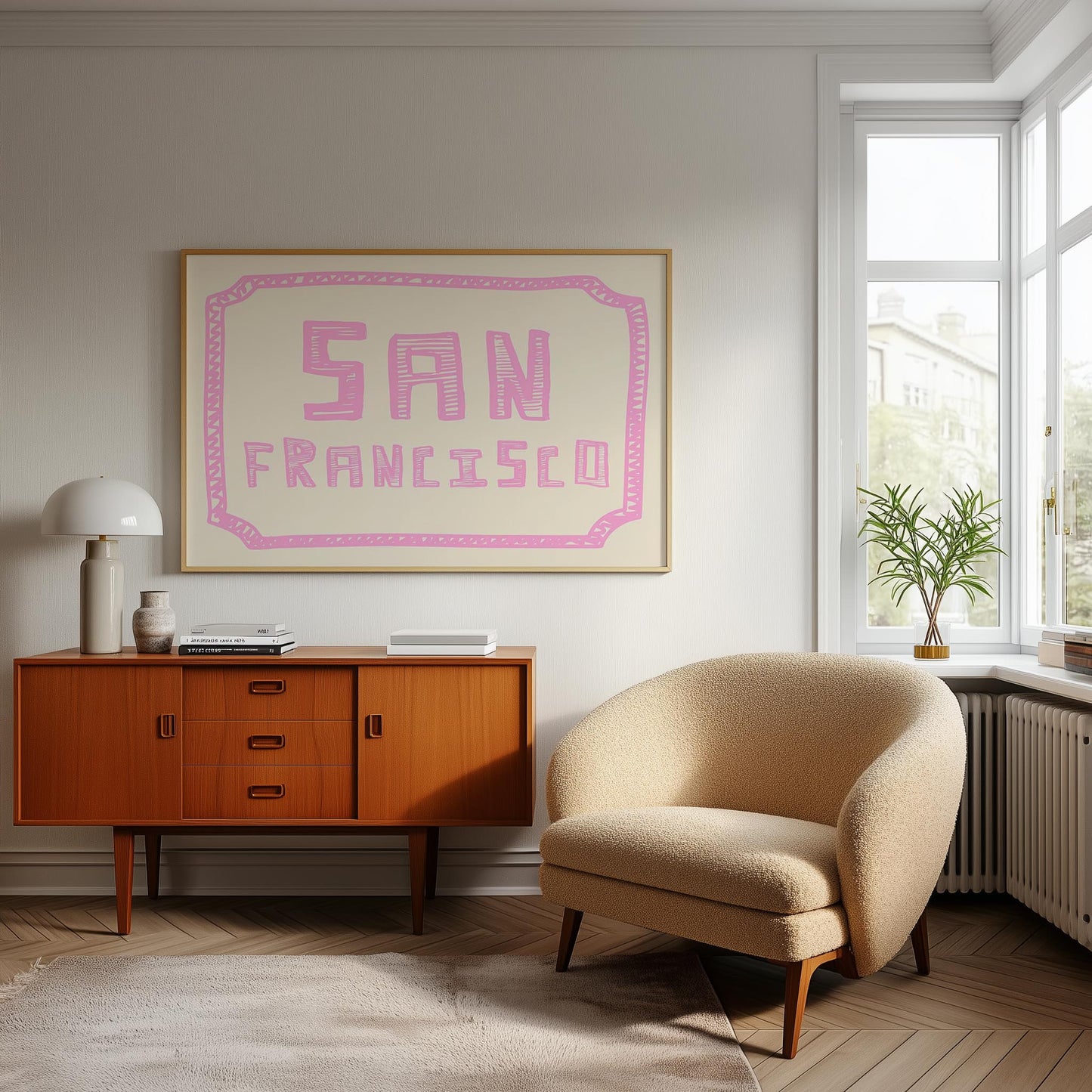 The words 'San Francisco' in a funky, hand-drawn block font. Retro pink printable wall art on a cream background with a doodle border.