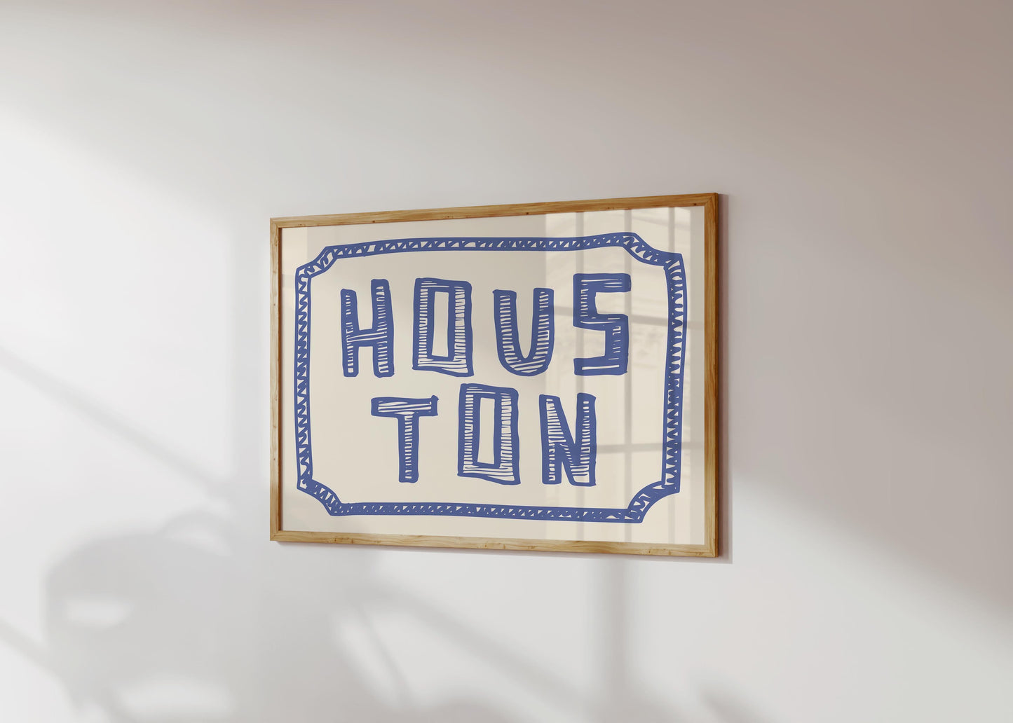 The word 'HOUSTON' in a funky, hand-drawn block font. Retro blue printable wall art on a cream background, framed by a doodle border.