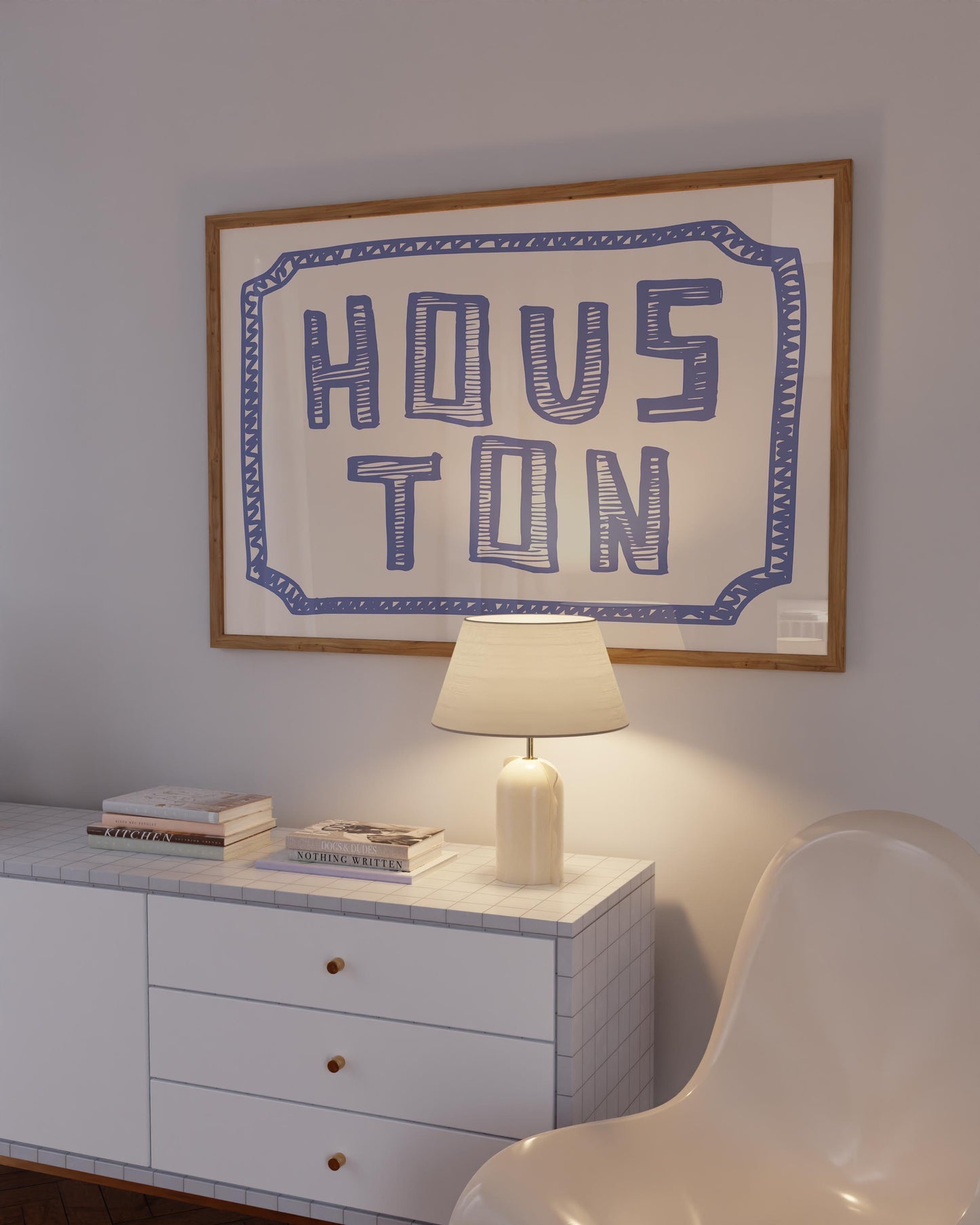 The word 'HOUSTON' in a funky, hand-drawn block font. Retro blue printable wall art on a cream background, framed by a doodle border.