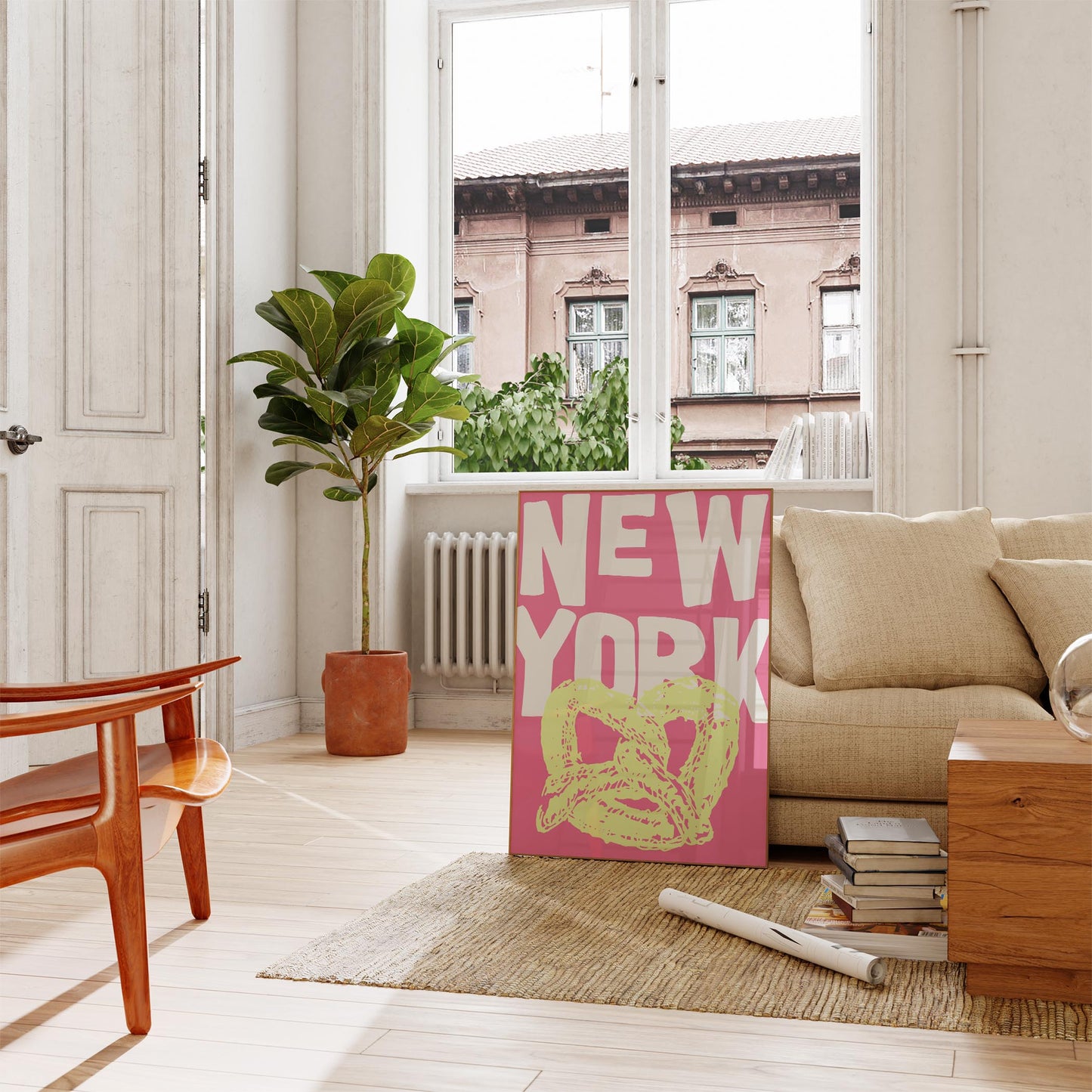 Funky pop art poster of a New York pretzel. The printable wall art has a yellow pretzel illustration against a bright pink background.