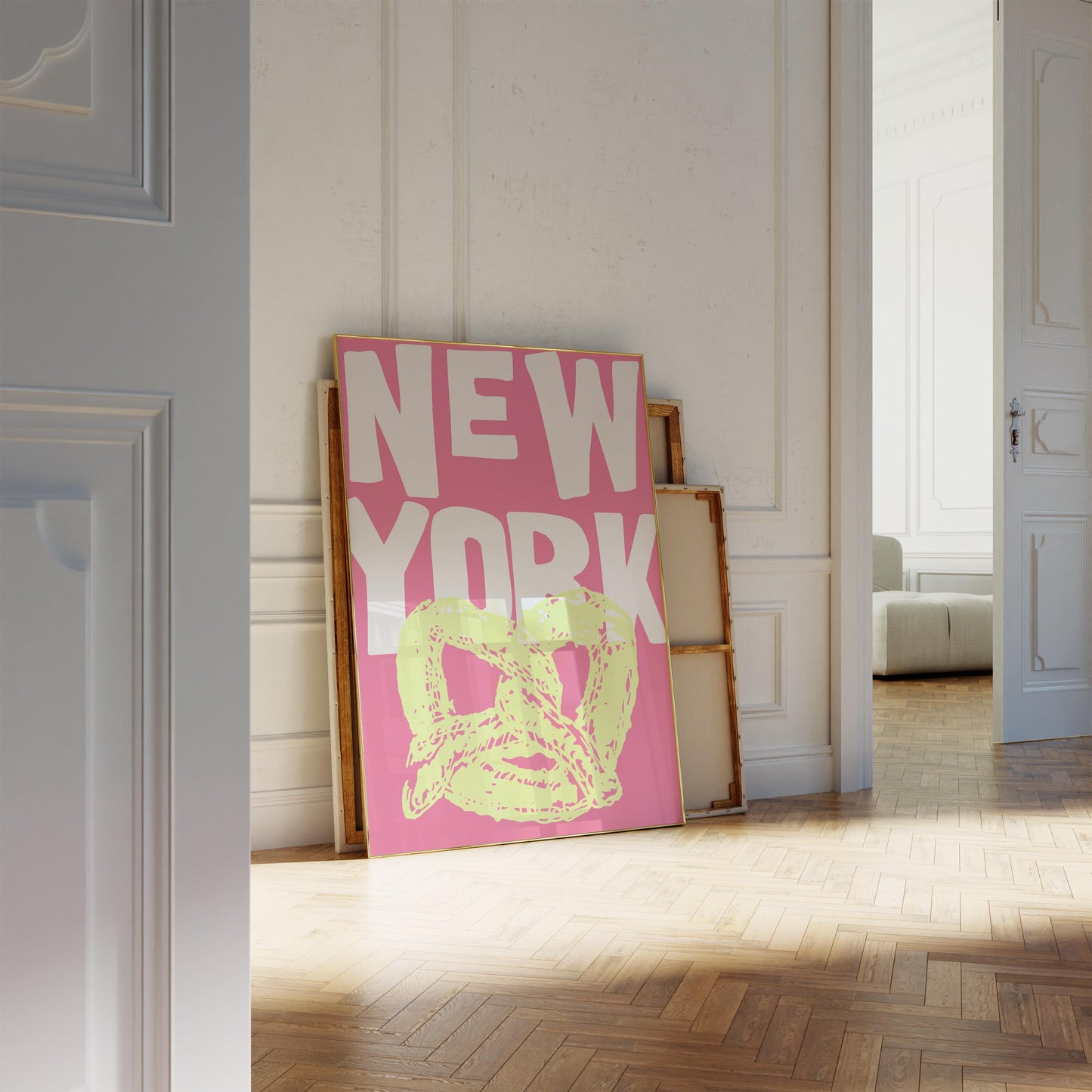 Funky pop art poster of a New York pretzel. The printable wall art has a yellow pretzel illustration against a bright pink background.