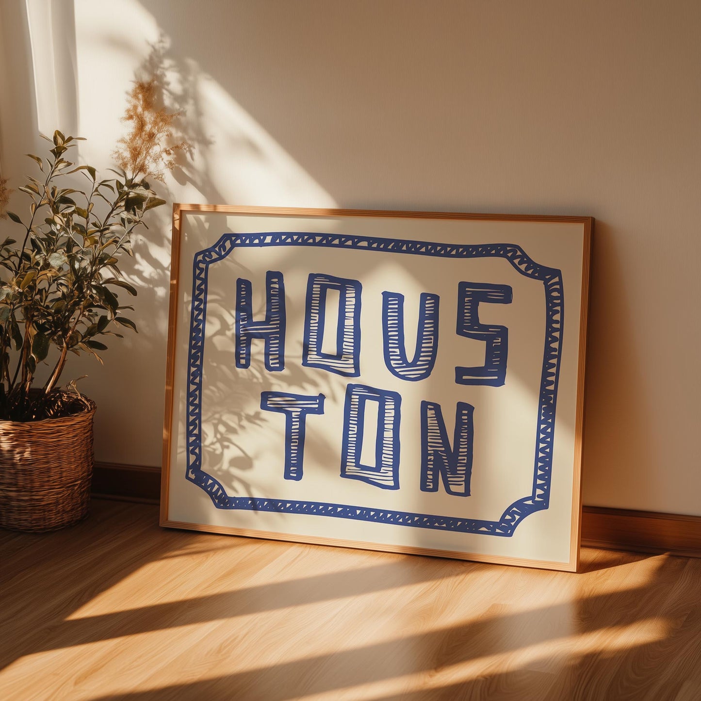The word 'HOUSTON' in a funky, hand-drawn block font. Retro blue printable wall art on a cream background, framed by a doodle border.