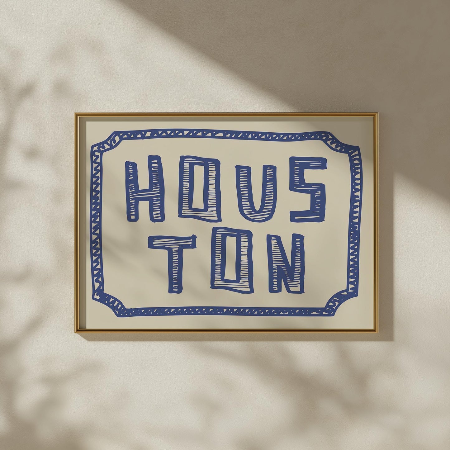 The word 'HOUSTON' in a funky, hand-drawn block font. Retro blue printable wall art on a cream background, framed by a doodle border.