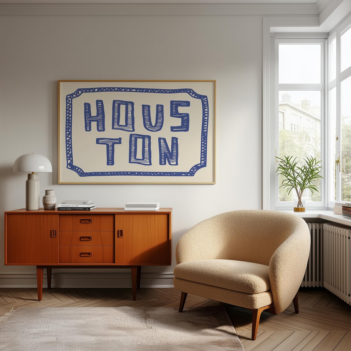 The word 'HOUSTON' in a funky, hand-drawn block font. Retro blue printable wall art on a cream background, framed by a doodle border.