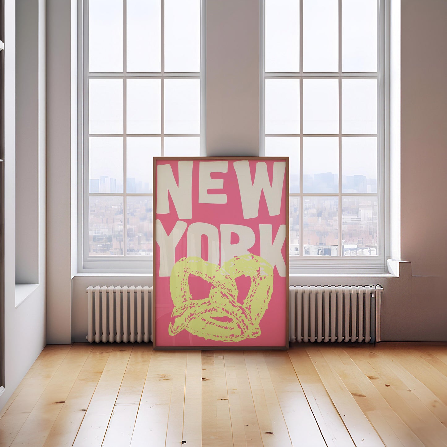 Funky pop art poster of a New York pretzel. The printable wall art has a yellow pretzel illustration against a bright pink background.