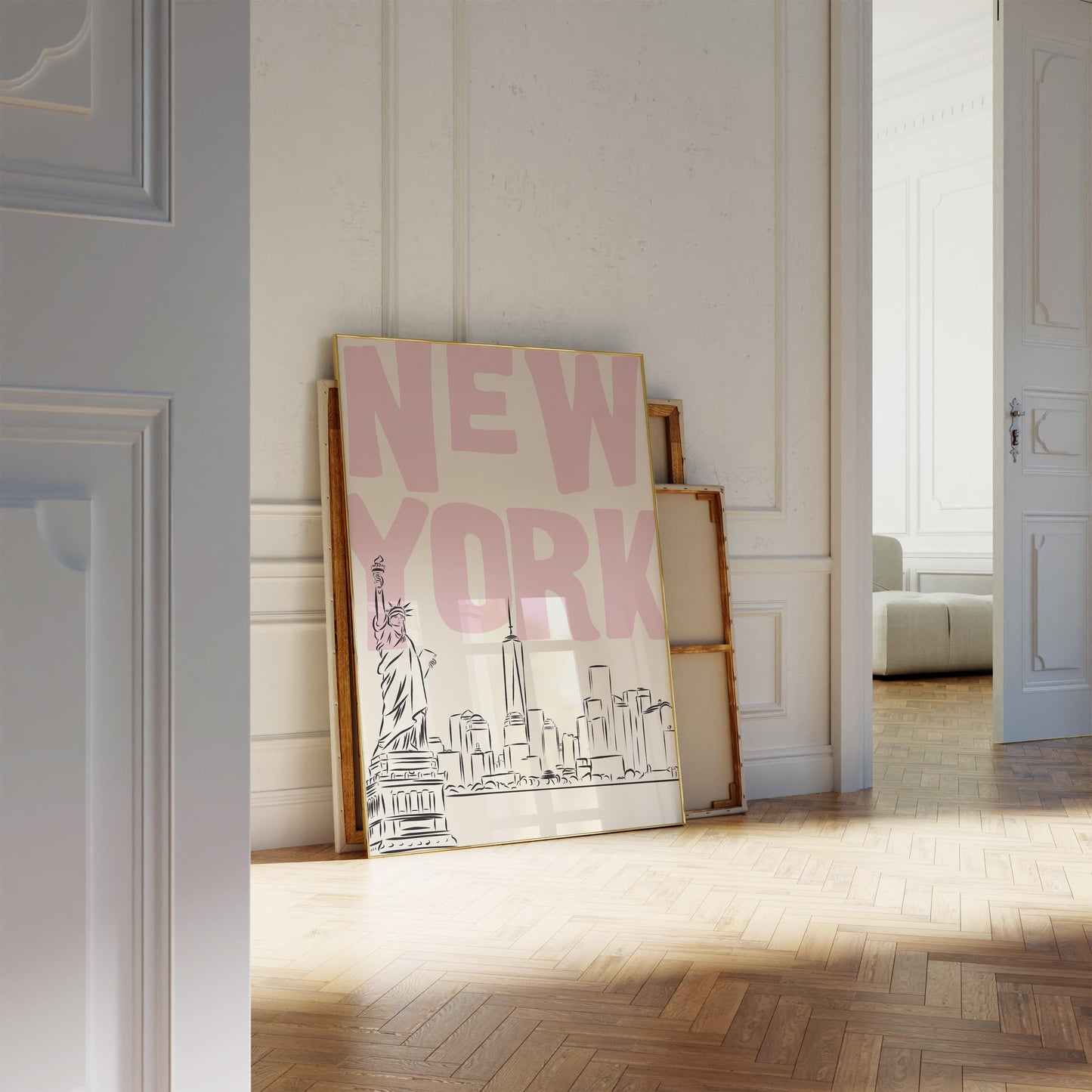Printable NYC poster with a skyline sketch and pastel pink text. Minimalist Statue of Liberty wall art for a bedroom or dorm.