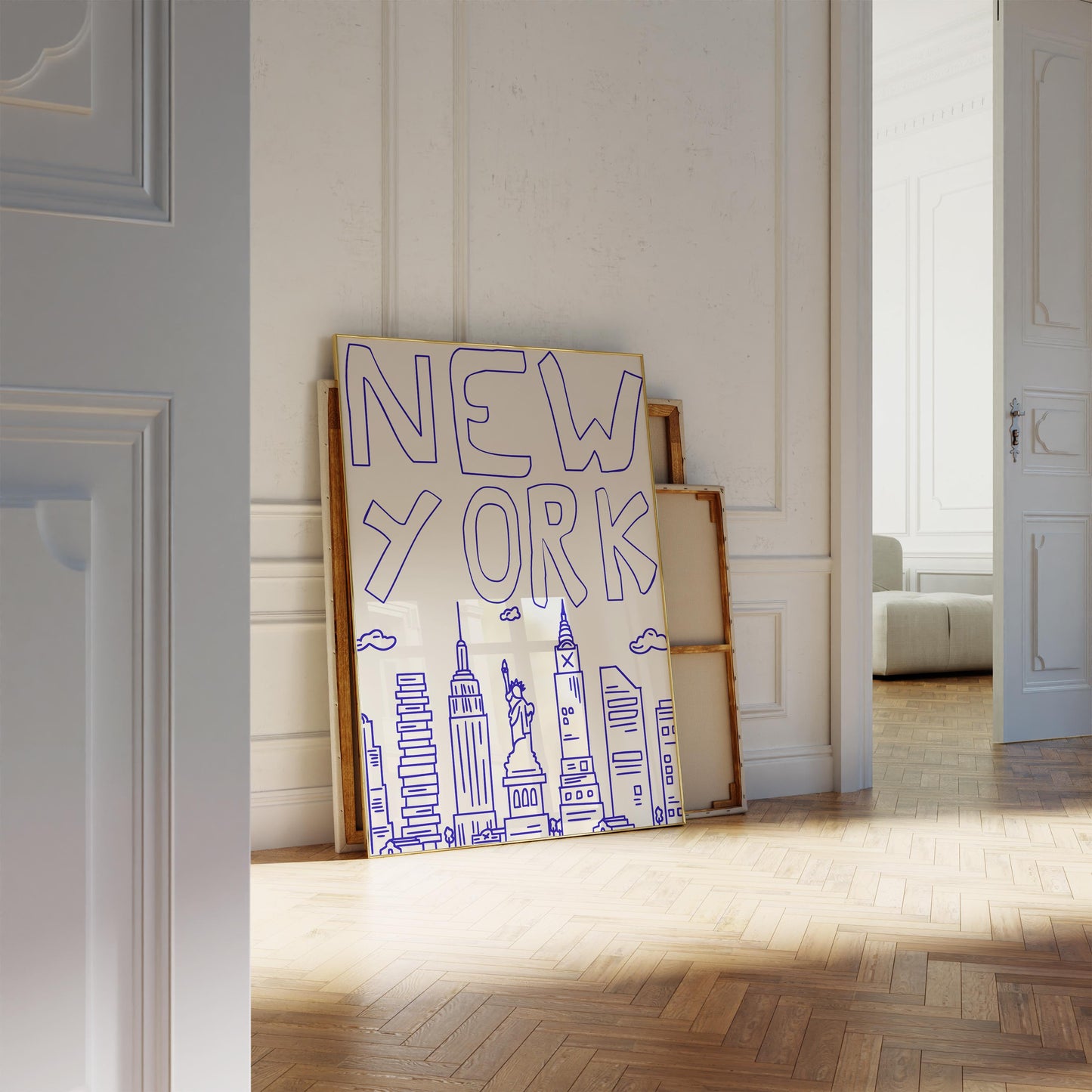 Minimalist printable wall art of the New York City skyline. The quirky illustration is a hand-drawn doodle style in a single blue line.