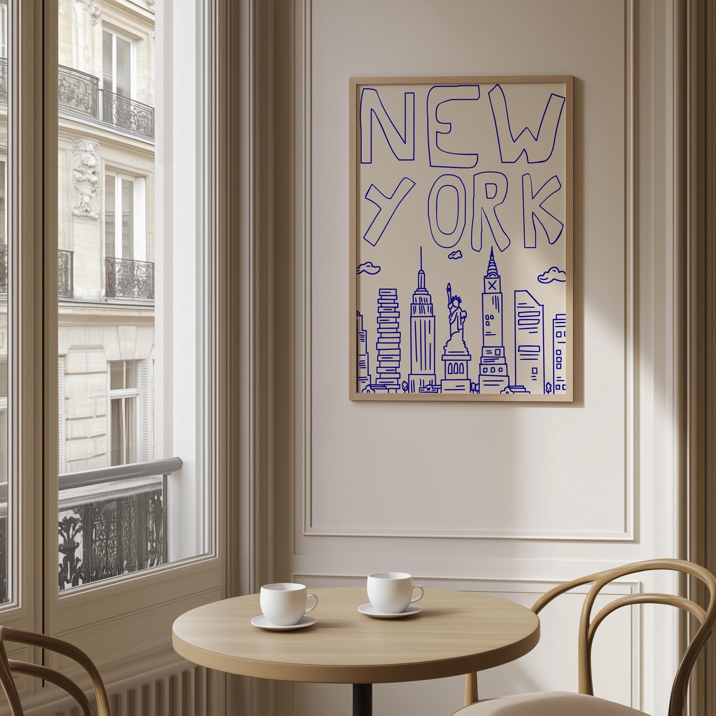 Minimalist printable wall art of the New York City skyline. The quirky illustration is a hand-drawn doodle style in a single blue line.