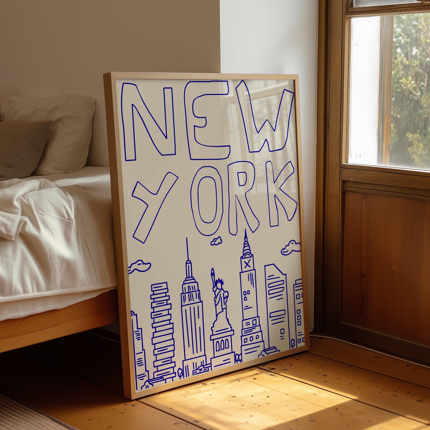 Minimalist printable wall art of the New York City skyline. The quirky illustration is a hand-drawn doodle style in a single blue line.