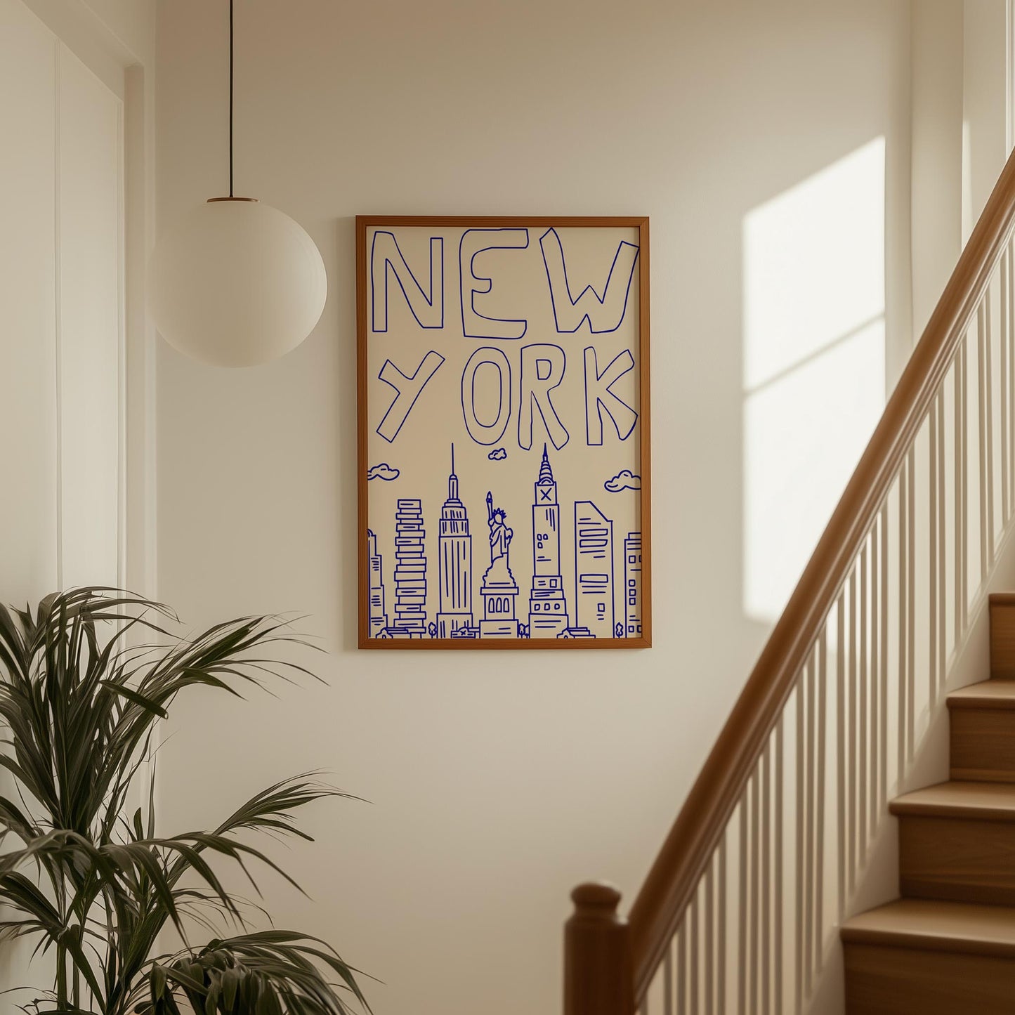 Minimalist printable wall art of the New York City skyline. The quirky illustration is a hand-drawn doodle style in a single blue line.