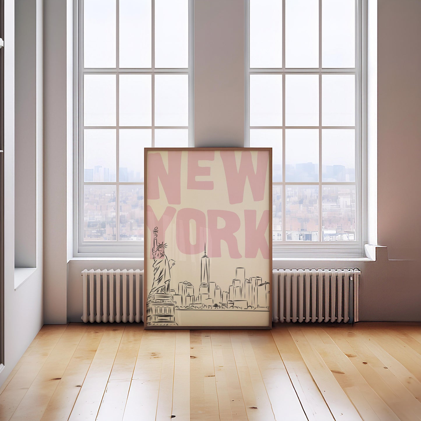 Printable NYC poster with a skyline sketch and pastel pink text. Minimalist Statue of Liberty wall art for a bedroom or dorm.