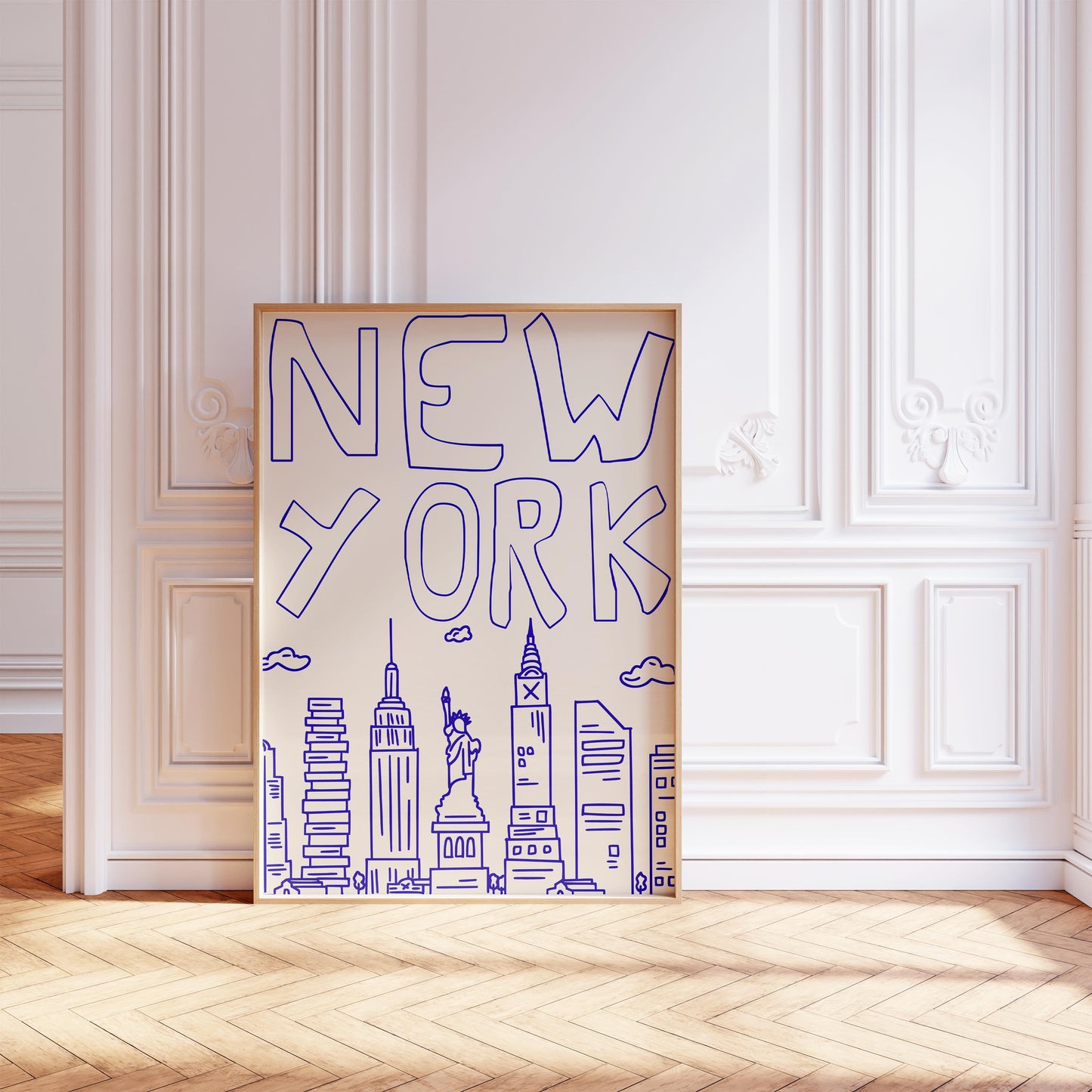 Minimalist printable wall art of the New York City skyline. The quirky illustration is a hand-drawn doodle style in a single blue line.