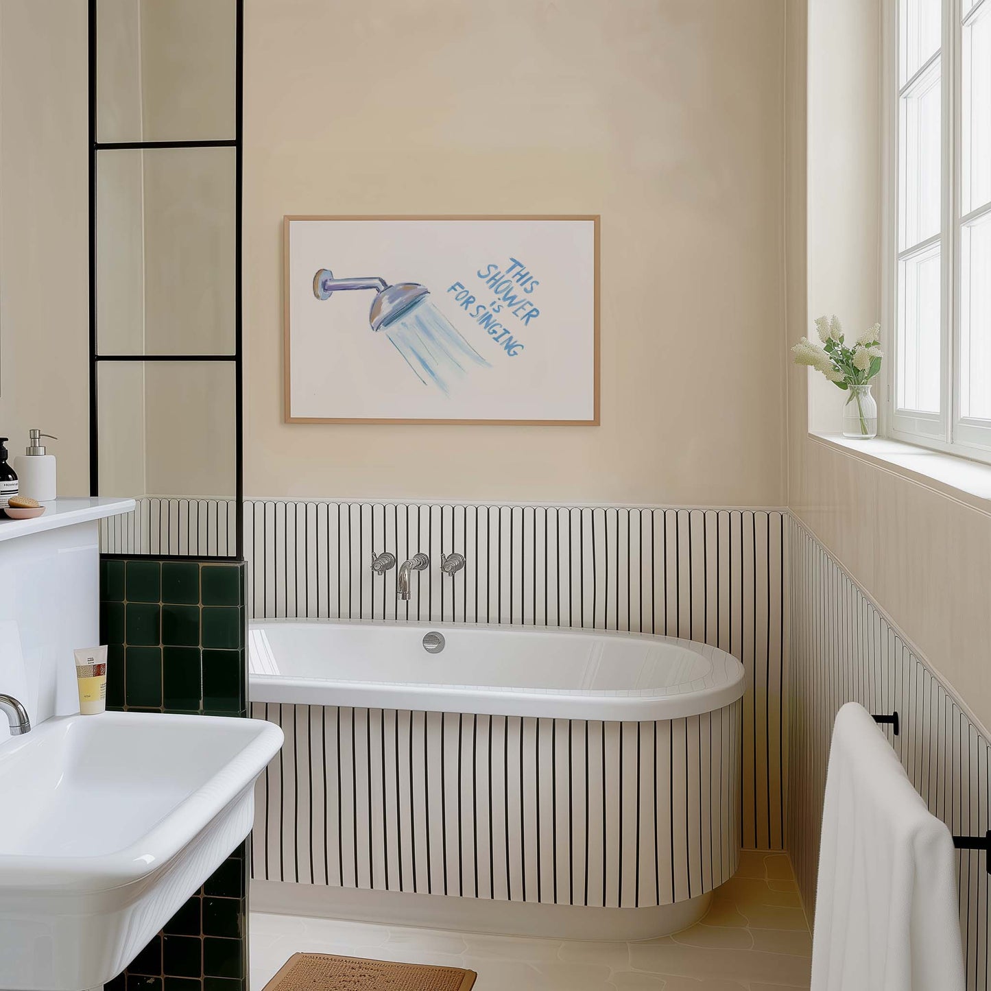 Funny bathroom art print showing a painted shower head and the text 'This Shower is for Singing'