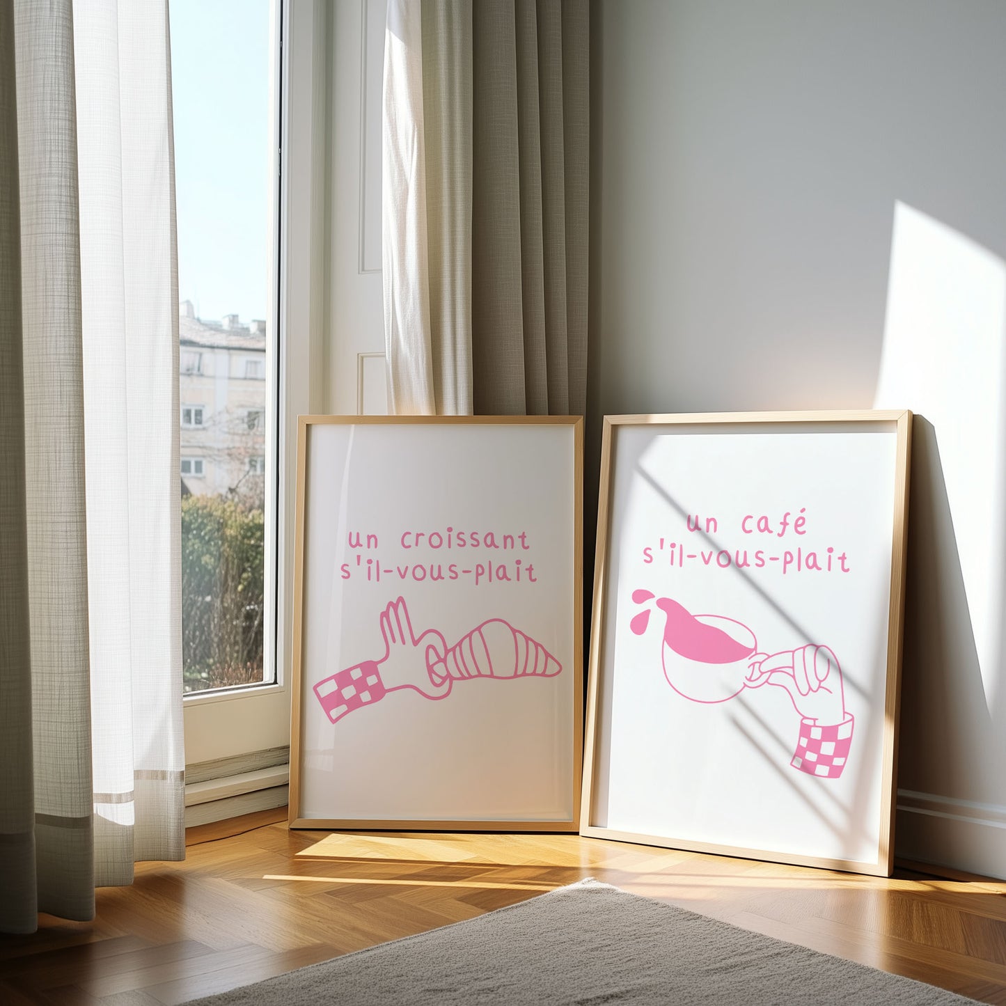 Set of two pink French cafe prints. One features a croissant, the other coffee, with French text. Quirky printable kitchen wall art.